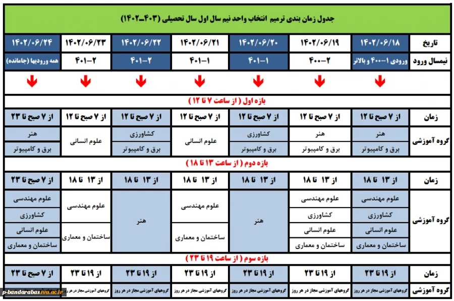 جدول زمان بندی ترمیم انتخاب واحد نیمسال 403-1402 2