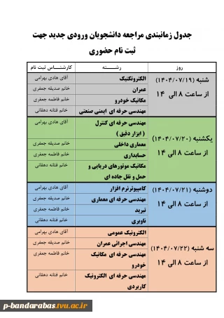 اطلاعیه شماره سه > جدول زمانبندی مراجعه دانشجویان ورودی جدید جهت ثبت نام حضوری