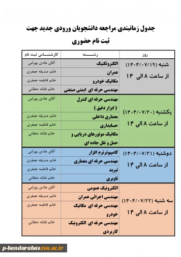 اطلاعیه شماره سه > جدول زمانبندی مراجعه دانشجویان ورودی جدید جهت ثبت نام حضوری